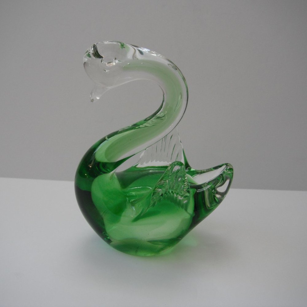 Murano type Vintage Green/Clear Swan Figurine Paperweight Art Glass